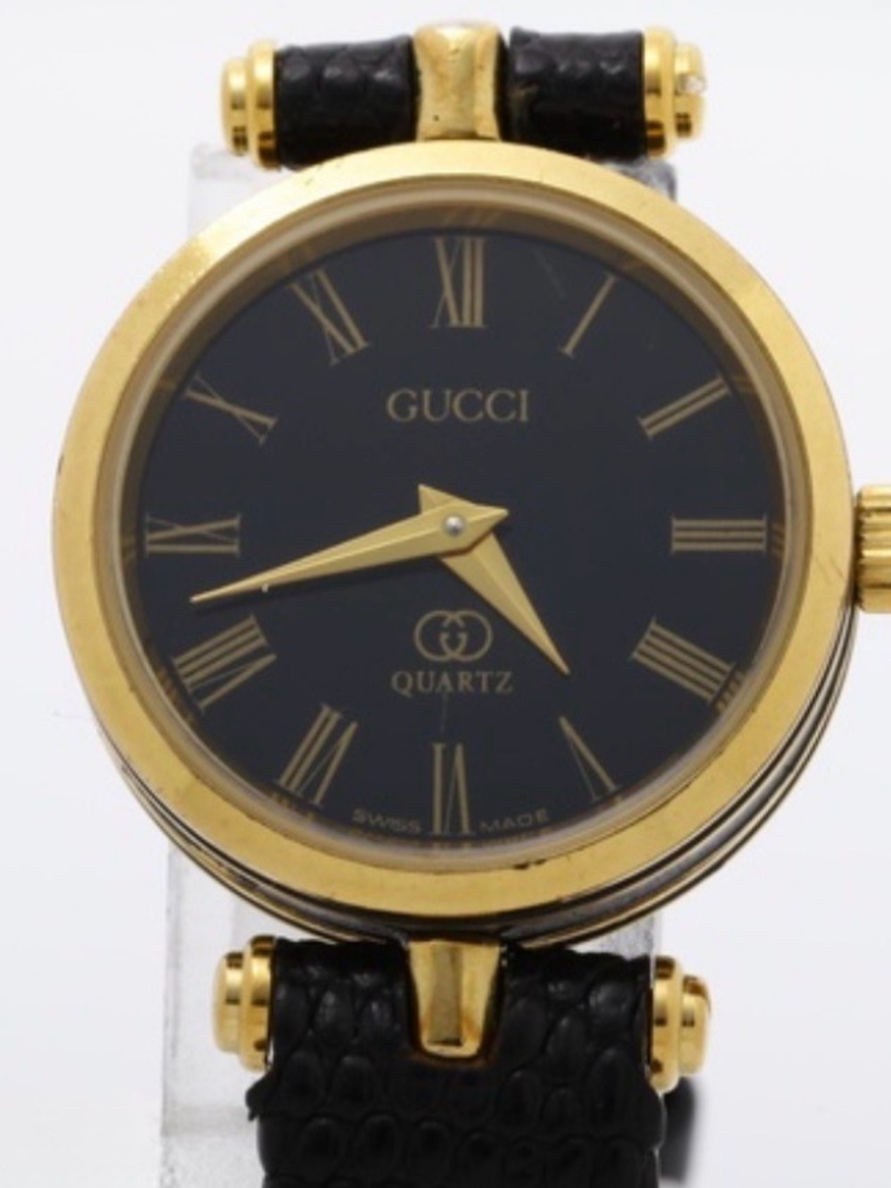 Gucci Gold-Tone Case with Black Dial Leather Strap Watch